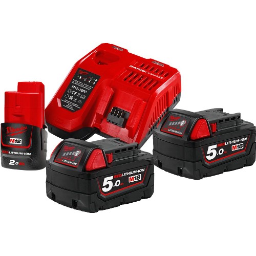 Laddare- och batteripaket MILWAUKEE 1x 12 V 2,0 Ah/2x18 V 5,0 Ah Li-Ion